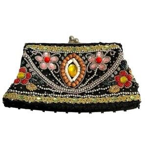 Womens Black Multicolored Beads Rhinestones Kiss Lock Clutch Party Purse 9.5in